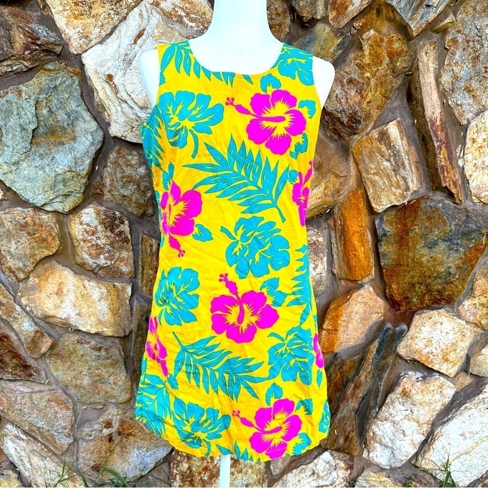 Vintage Blue Water Yellow Floral Dress Tropical Sleeveless Beach Vacation Mini S